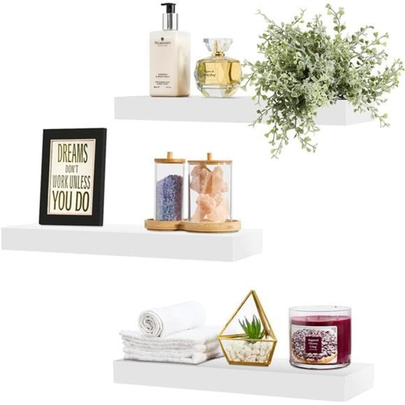 Floating Shelves for Wall - Set of 3 White Wood Wall Shelves for Living Room - Picture 1 of 5